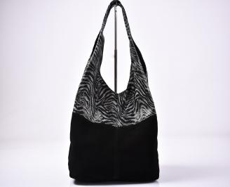 Дамска чанта естествена  кожа/ велур черна