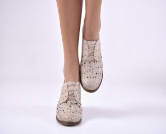 Дамски ежедневни обувки   стабилен ток естествена кожа бежови  EOBUVKI