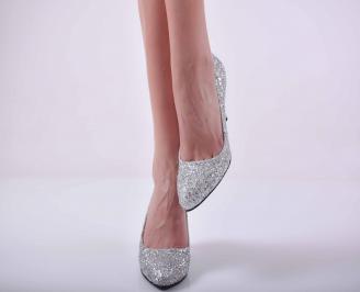 Дамски елегантни обувки едър брокат сребристи EOBUVKIBG