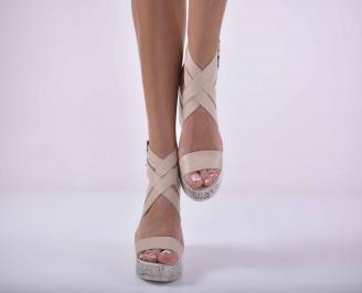 Дамски сандали на платформа естествена кожа ортопедична стеклка естествен хастар бежови EOBUVKIBG
