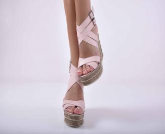 Дамски сандали на платформа естествена кожа пудра EOBUVKIBG