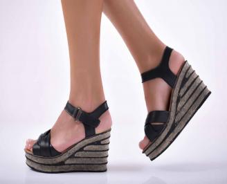 Дамски сандали на платформа естествена кожа черни  EOBUVKIBG