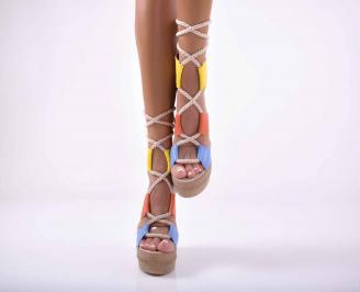 Дамски сандали на платформа естествена кожа шарени EOBUVKIBG