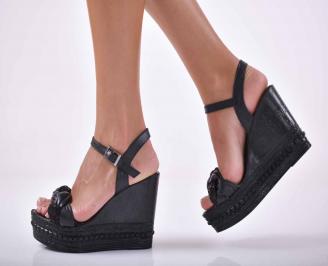 Дамски сандали на платформа естествена кожа черни EOBUVKIBG