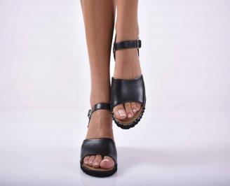 Дамски сандали равни естествена кожа черни EOBUVKIBG