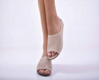 Дамски равни сандали естествена кожа бежав EOBUVKIBG
