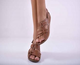 Дамски равни сандали естествена кожа с анатомична стелка кафяви EOBUVKIBG