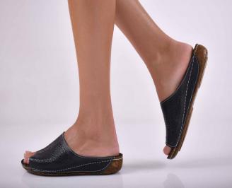 Дамски равни чехли естествена кожа с анатомична стелка черни EOBUVKIBG