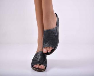 Дамски равни чехли естествена кожа с анатомична стелка черни EOBUVKIBG