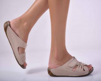 Дамски равни чехли естествена кожа с анатомична стелка бежови EOBUVKIBG