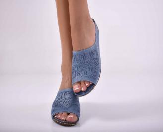 Дамски равни чехли естествена кожа с анатомична стелка сини EOBUVKIBG