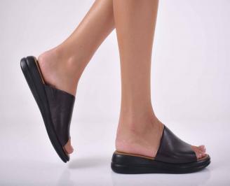 Дамски равни сандали естествена кожа с анатомична стелка черни  EOBUVKIBG