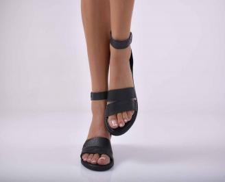 Дамски равни сандали естествена кожа с анатомична стелка черни EOBUVKIBG