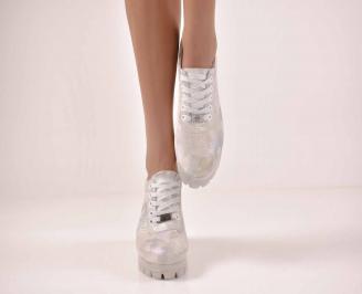 Дамски обувки на платформа естествена кожа сребристи EOBUVKIBG