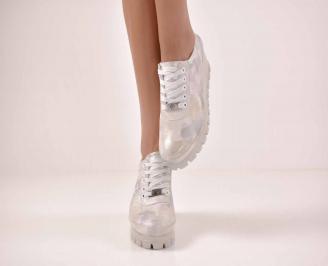 Дамски обувки на платформа естествена кожа сребристи EOBUVKIBG