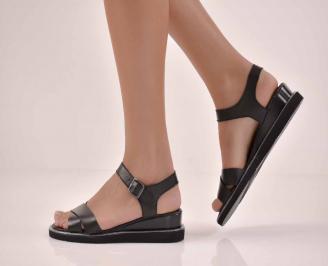 Дамски равни сандали естествена кожа с ортопедична стелка черни EOBUVKIBG