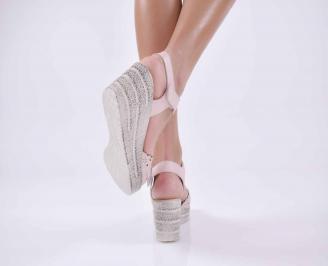 Дамски сандали на платформа естественна кожа пудра  EOBUVKIBG