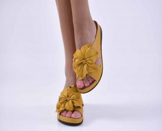 Дамски равни чехли естествена кожа жълти EOBUVKIBG