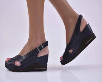 Дамски сандали на платформа естественна кожа  ортопедична стелка естествен хастар сини EOBUVKIBG