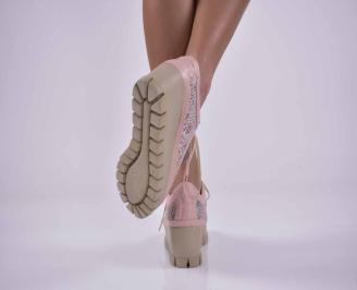Дамски обувки на платформа естествена кожа пудра EOBUVKIBG