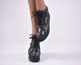 Дамски обувки на платформа  естествена кожа с ортопедична стелка черни EOBUVKIBG