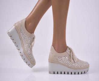 Дамски обувки на платформа  естествена кожа   естествен хастар с ортопедична стелка бежови  EOBUVKIBG