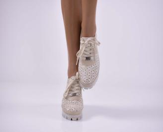 Дамски обувки на платформа  естествена кожа   естествен хастар с ортопедична стелка бежови  EOBUVKIBG