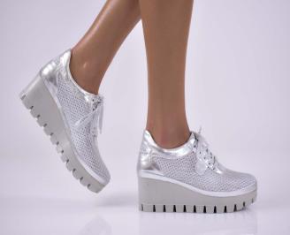 Дамски обувки на платформа естествена кожа естествен хастар с ортопедична стелка сребристи EOBUVKIBG