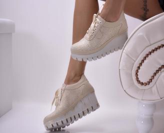 Дамски обувки на платформа  естествена кожа  естествен хастар с ортопедична стелка бежови  EOBUVKIBG