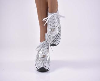 Дамски обувки на платформа естествена кожа естествен хастар с ортопедична стелка сребристи EOBUVKIBG