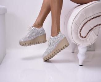 Дамски обувки на платформа естествена кожа  естествен хастар с ортопедична стелка сребристи EOBUVKIBG