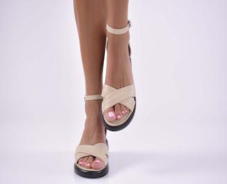Дамски равни сандали естествена кожа  с ортопедична стелка бежови EOBUVKIBG