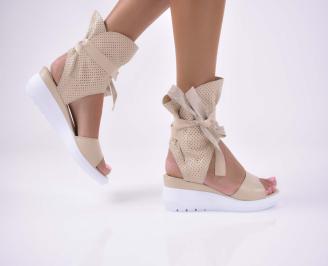 Дамски равни сандали естествена кожа  с ортопедична стелка естествен хастар бежови  EOBUVKIBG