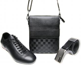 Комплект мъжки обувки,чанта и колан черен естествена кожа