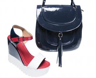 Комплект дамски сандали и чанта еко кожа сини