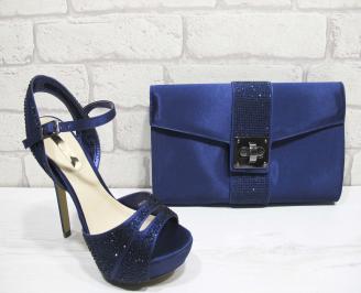 Комплект бална чанта и сандали текстил/сатен/ тъмно сини
