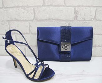 Комплект бална чанта и сандали текстил/сатен/ тъмно сини