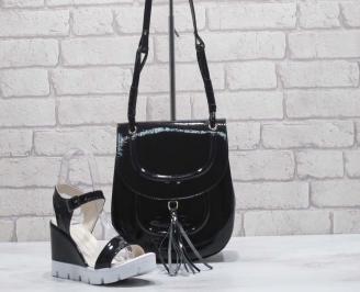 Комплект дамски сандали и чанта еко кожа/лак черни