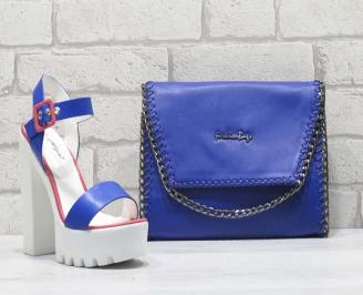 Комплект дамски сандали и чанта еко кожа/лак  сини