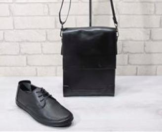 Комплект мъжки обувки и чанта черен естествена кожа