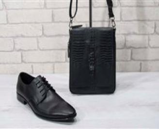 Комплект мъжки обувки и чанта черен естествена кожа