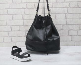 Комплект дамски сандали и чанта естествена кожа черни