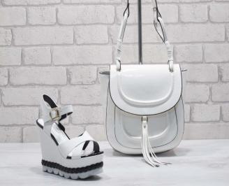 Комплект дамски сандали и чанта еко кожа/ лак бели