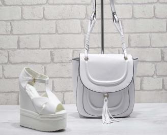 Комплект дамски сандали и чанта еко кожа бели