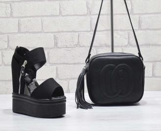 Комплект дамски сандали и чанта еко кожа/текстил черни