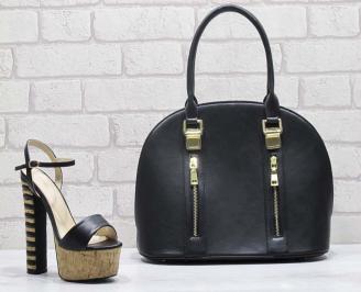 Комплект дамски сандали и чанта еко кожа черни