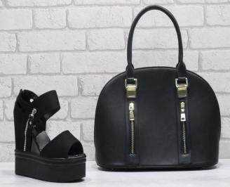 Комплект дамски сандали и чанта еко кожа черни