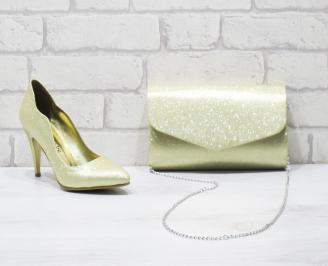 Комплект дамски обувки и чанта еко кожа златисти