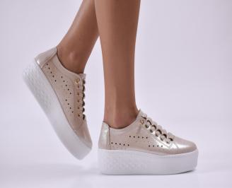 Дамски обувки на платформа естествена кожа злато