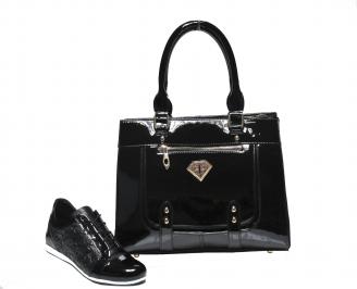 Комплект дамски обувки и чанта черен естествена кожа